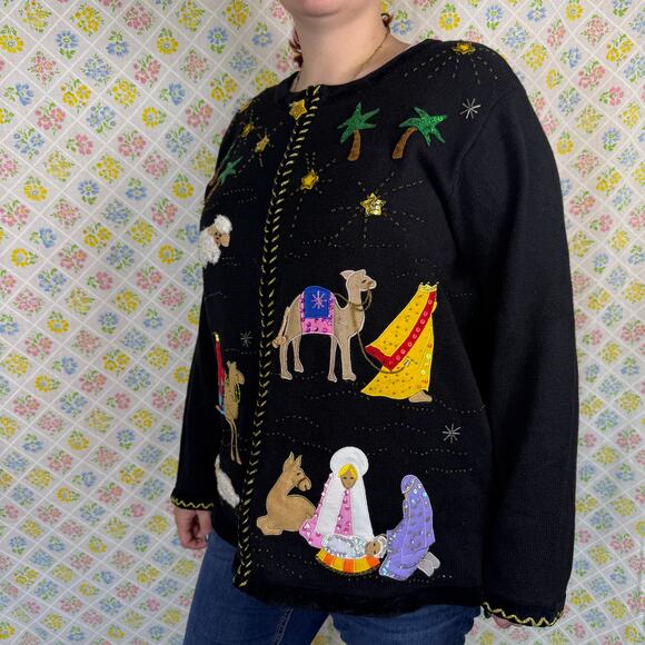 The Quacker Factory knitted embroidered nativity holiday christmas sweater XL - Picture 10 of 10